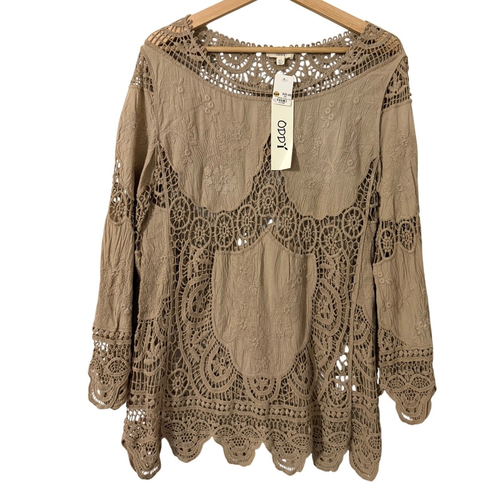 Oddi Women Tan Crochet Lace Embroidered Long Sleeve Boho Top NEW Size M/L